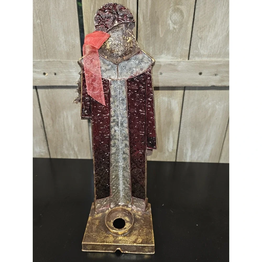 Vintage Old World Santa Stained Glass Candle Holder 15.5